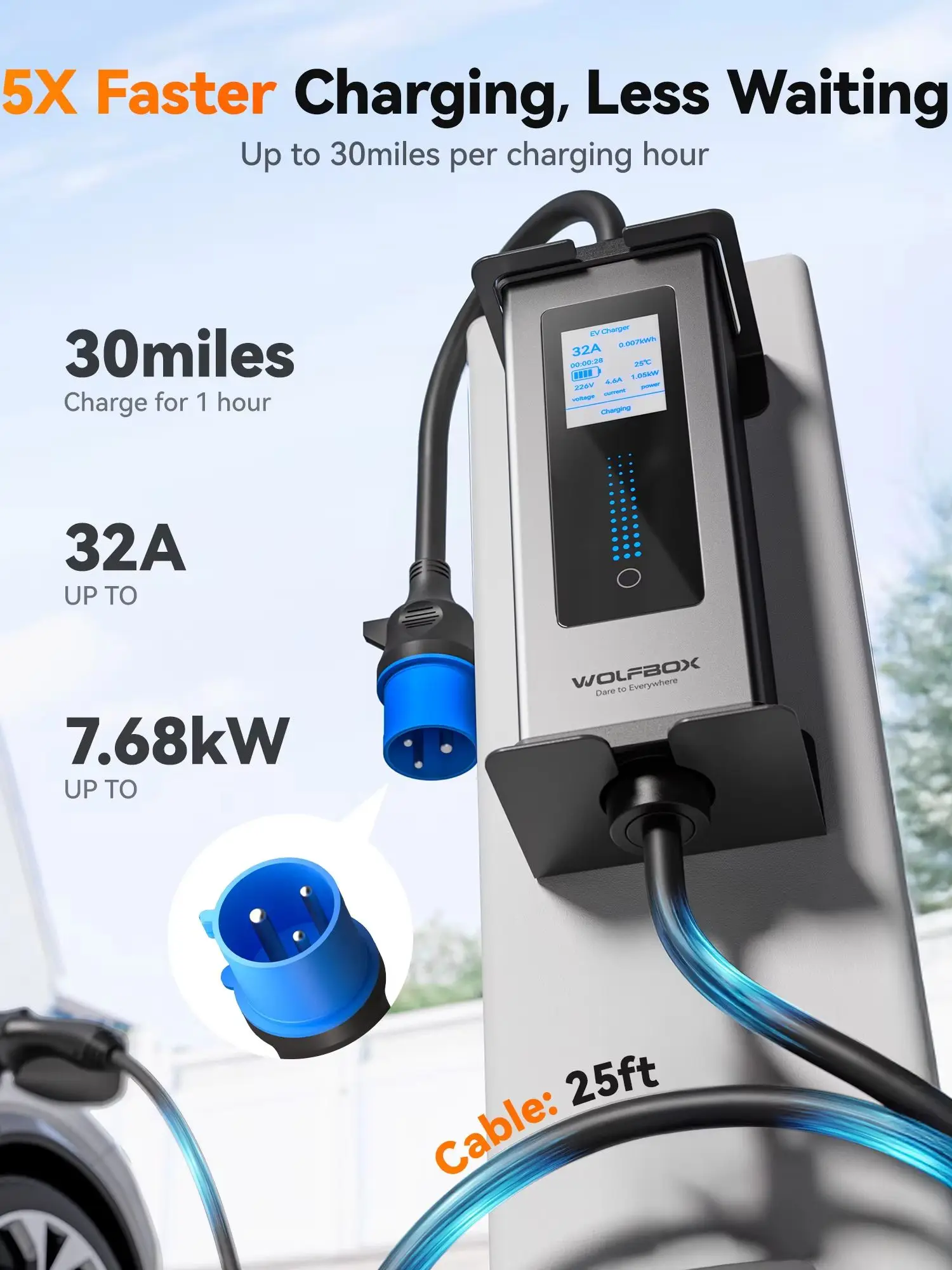 WOLFBOX Typ 2 Tragbares EV-Ladegerät 7KW 32A 1-Phasen Wallbox Schnellladekabel CEE-Stecker WIFI APP Bluetooth-Steuerung