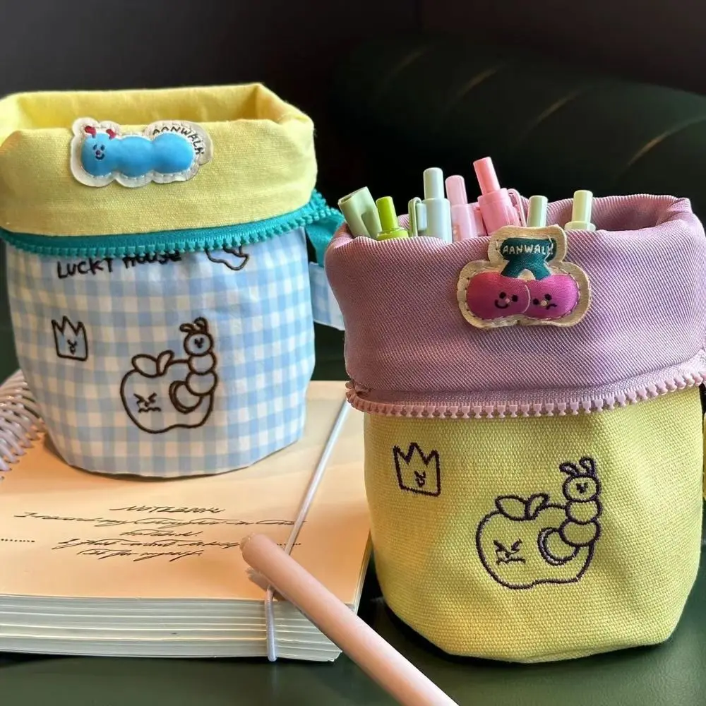 

Cute Fruit Canvas Pen Bag Cherry Worm Makeup Brush Holder Zipper Stand Up Cartoon Pen Case Student