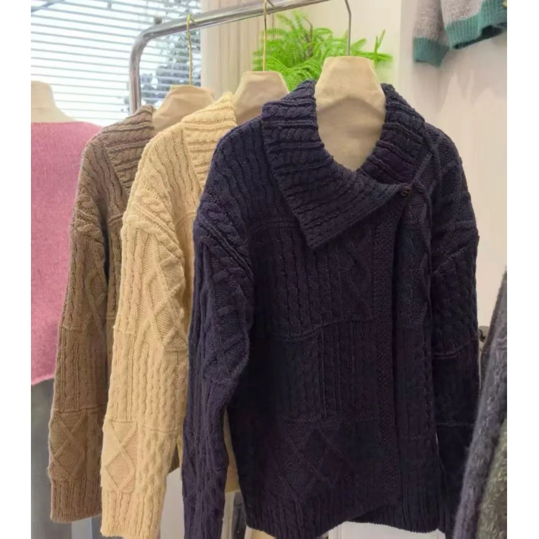 سترة نسائية كورية أنيقة من Thiened فضفاضة غير رسمية كسول Hanrt Thi إبرة متماسكة سترة بيضاء مفتوحة