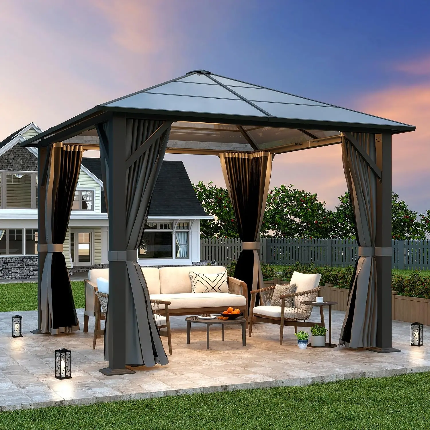 10X10Ft Hardtop Gazebo Outdoor Patio Polycarbonate Roof Steel Frame Pavilion Gray Curtain Netting Backyard Lawn Garden Deck