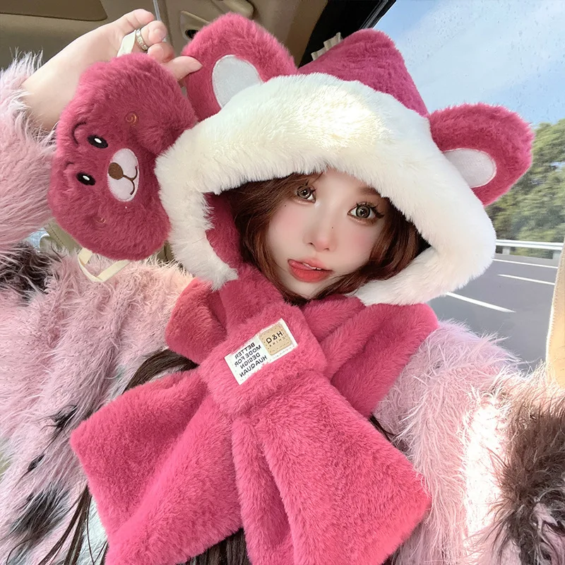 Warm Winter Hat Cute Bear Hat Scarf Scarf All-In-One Women's Winter Earmuffs Lei Feng Hat Plush Cycling Warm Ski Hat