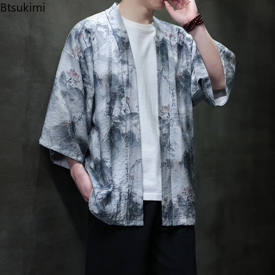 2025 Summer Chinese Style Men's Fashion Ice Silk Cardigan Sunscreen Clothes Harajuku Beach Loose Thin Shirt Coat Plus Size 5XL