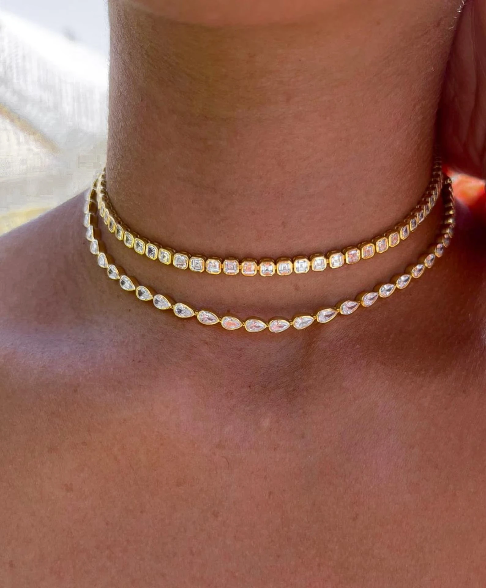 White Green Tear Drop Cubic Zirconia Bezel Set Tennis Chain Gold Color Fashion Women Choker Necklace