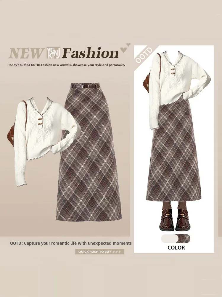

Корейский зимний вязаный свитер и юбка в клетку, комплект с воротником на пуговицах, длинный рукав, свободный крой, модный ансамбль для женщин