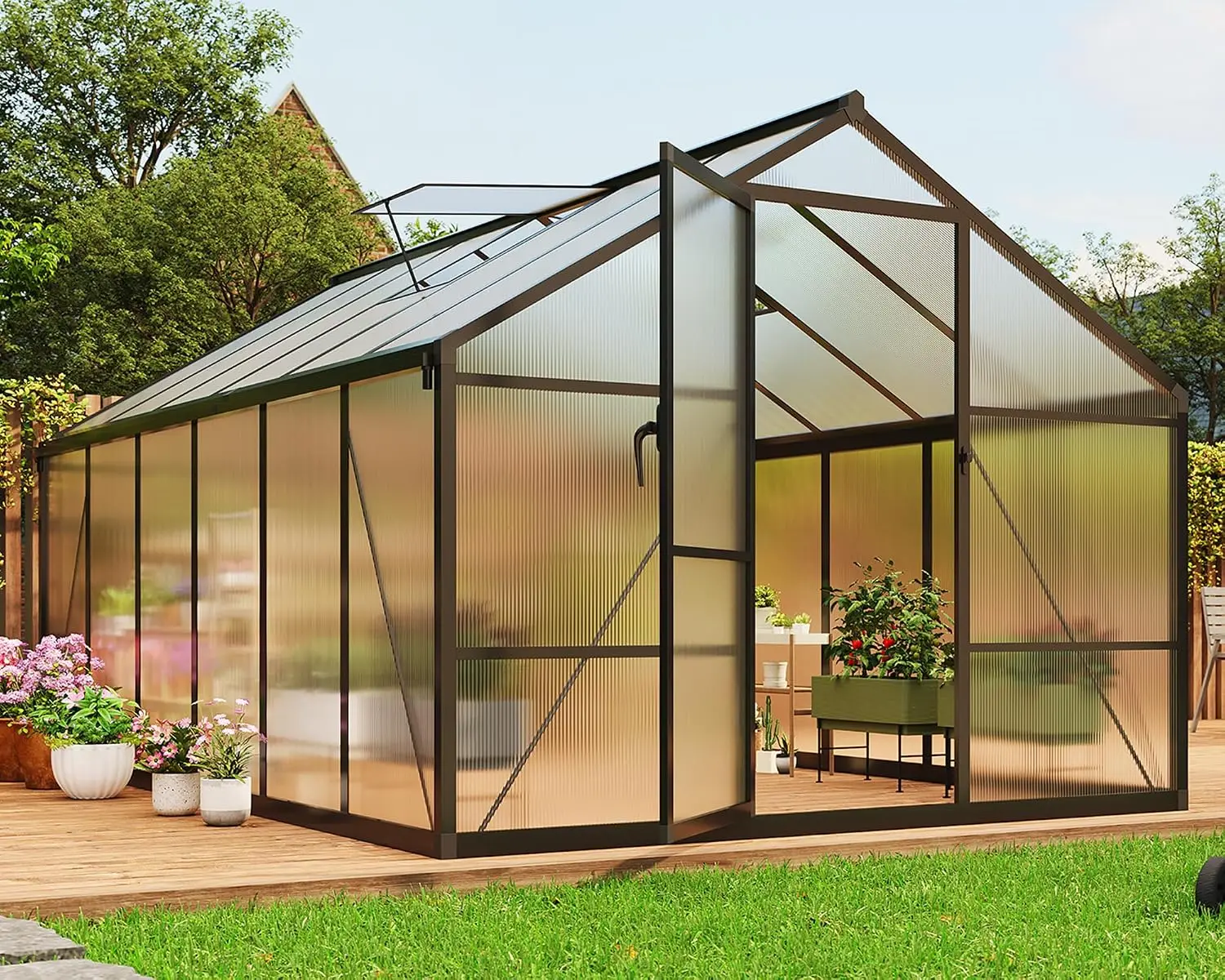 8 x 12 FT Greenhouse, Outdoor Sliding Door, Polycarbonate Greenhouse with Aluminum Frame, Lockable Door and Ajustable, Custom