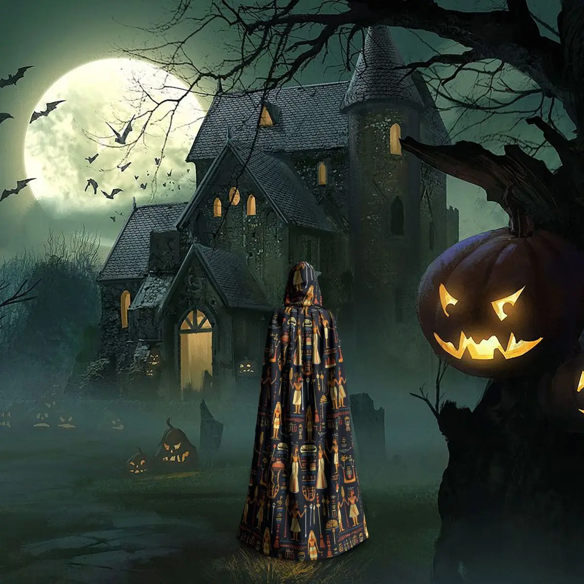Capa longa com capuz, arte egípcia antiga, fantasia medieval de bruxa, capa cosplay, halloween, vampiro, adulto, unissex