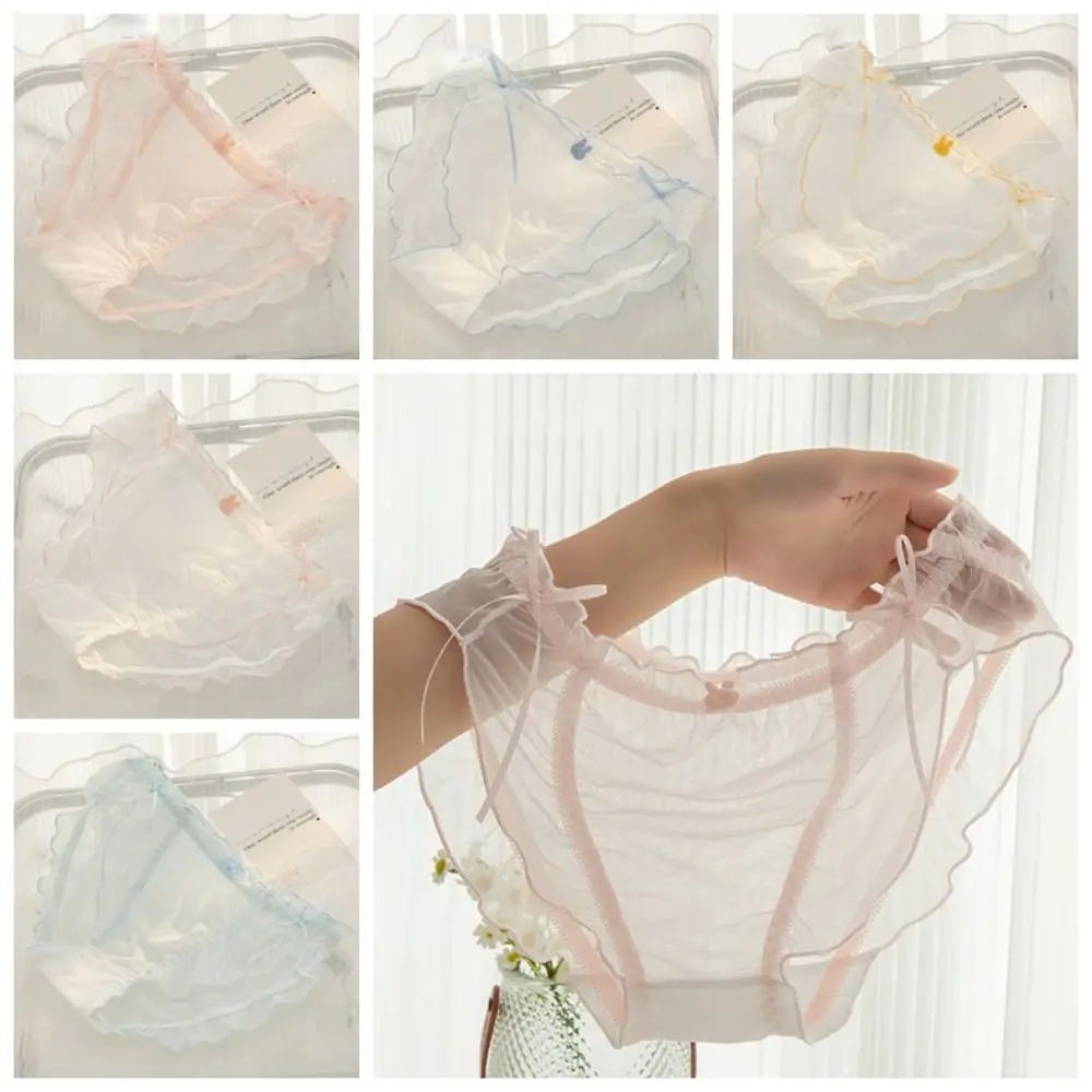 Cotton Crotch Ruffles Bow Ribbon Briefs Mesh Quick-drying Transparent Panties Lace Japanese Style Breathable Underwear Daily