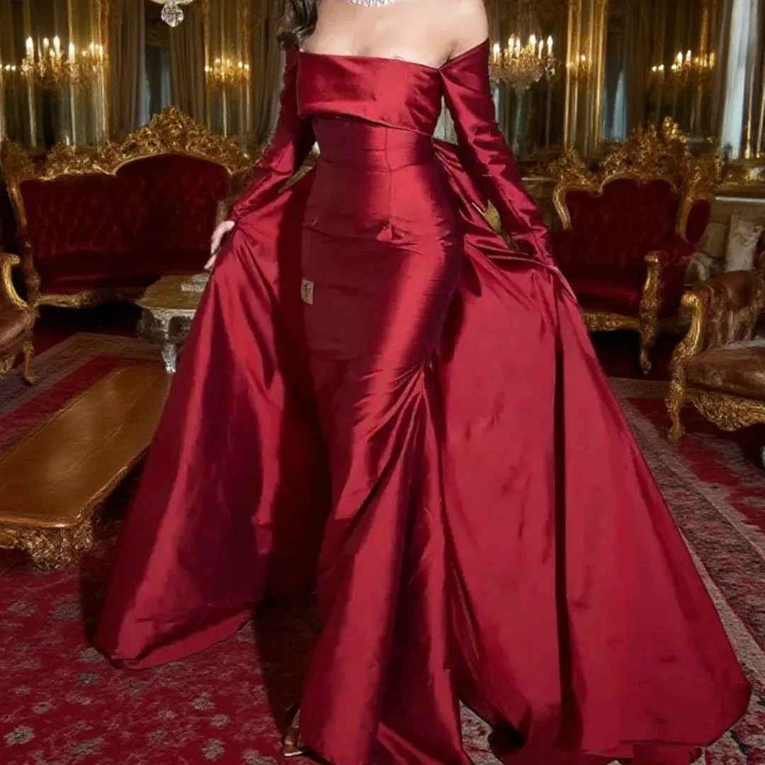 Elegant Off-the-Shoulder Strapless Red Satin Sparkly Prom Gown Long-Sleeve Formal Party Dress with Back Bow Floor-Length Hem
