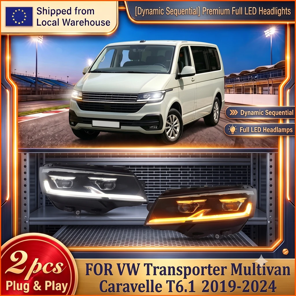 2 Stück LED-Scheinwerfer-Set für VW Transporter Multivan Caravelle T6.1 2019-2024, E-Mark-zugelassen, Schwarz, Dual-Projektor, Dynamischer Sequentieller Blinker, DRL, Fern- und Abblendlicht,