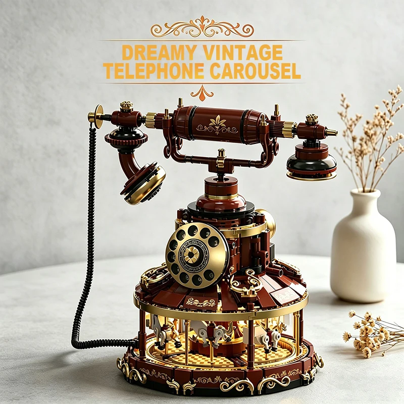 

1130PCS Vintage Telephone & Hand-Crank Carousel Merry-Go-Round Building Blocks Set – 2-in-1 Retro Toys, DIY Decor Gift for Kids