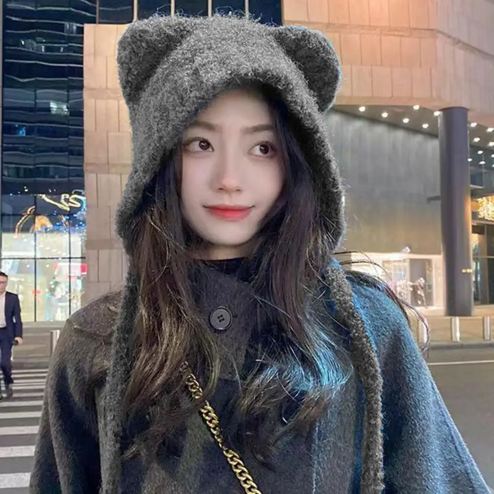 

Winter Women Hat Thick Ear Protection Knitted Hat Solid Color Elastic Unisex Cap Cartooon Ear Decor Heat Retention Couple Cap