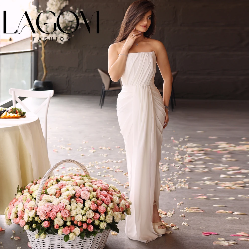 Lagom White Strapless Chiffon Vestidos De Novia Sleeveless Customized Wedding Dress Floor Length فساتين اعراس وسهرات Elegant New