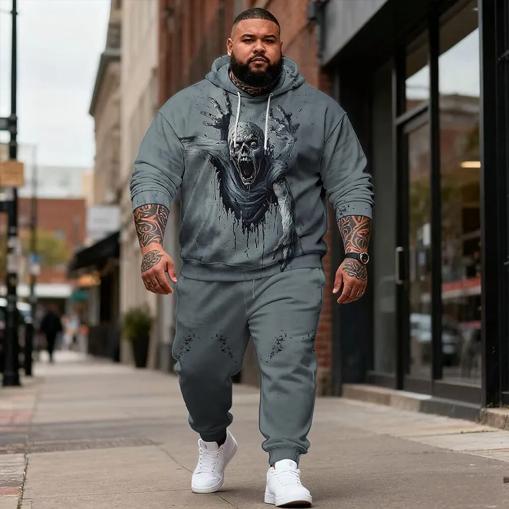 

S-9xl plus size Trendy Skull Men's Hoodie Set - Comfortable 2-Piece Outfit for Plus Size Guys