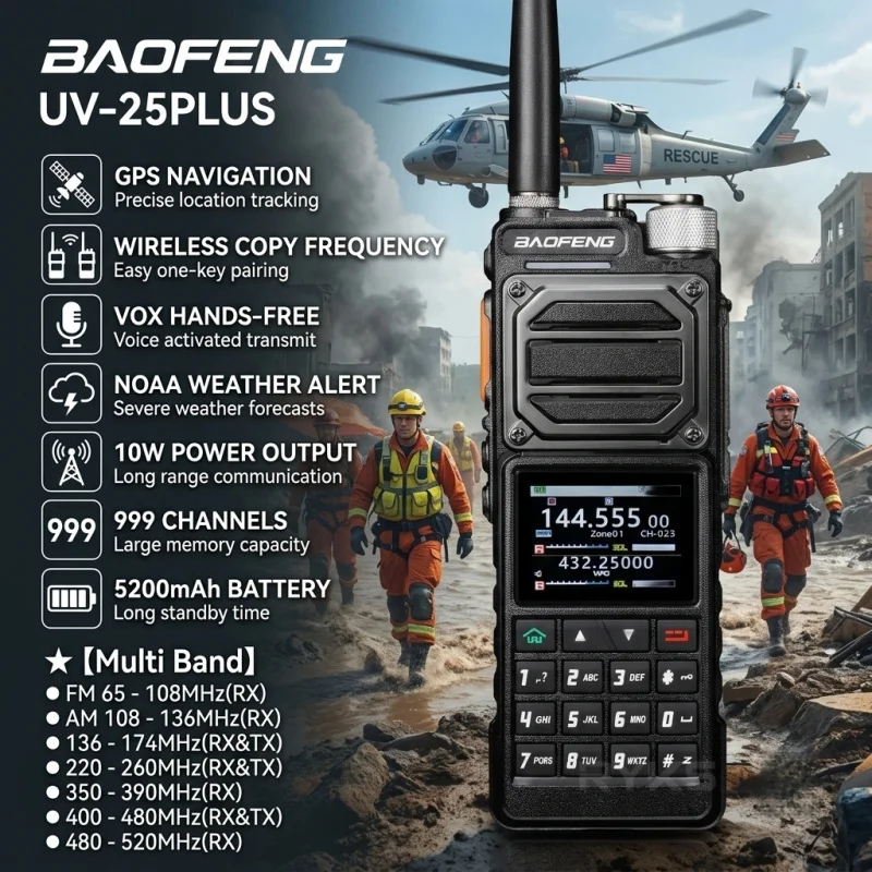 Long Range 12W Ham Radio With Gps & Wireless Frequency Copy Multi-Band Transceiver 5200Mah Battery For Tactical Outdoor Camping