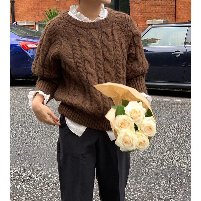 

Vintage Sweater Women Streetwear Long Sleeve Pink Knitted Pullovers Ladies Korean Solid Knitwears Winter O Neck Casual Jumpers