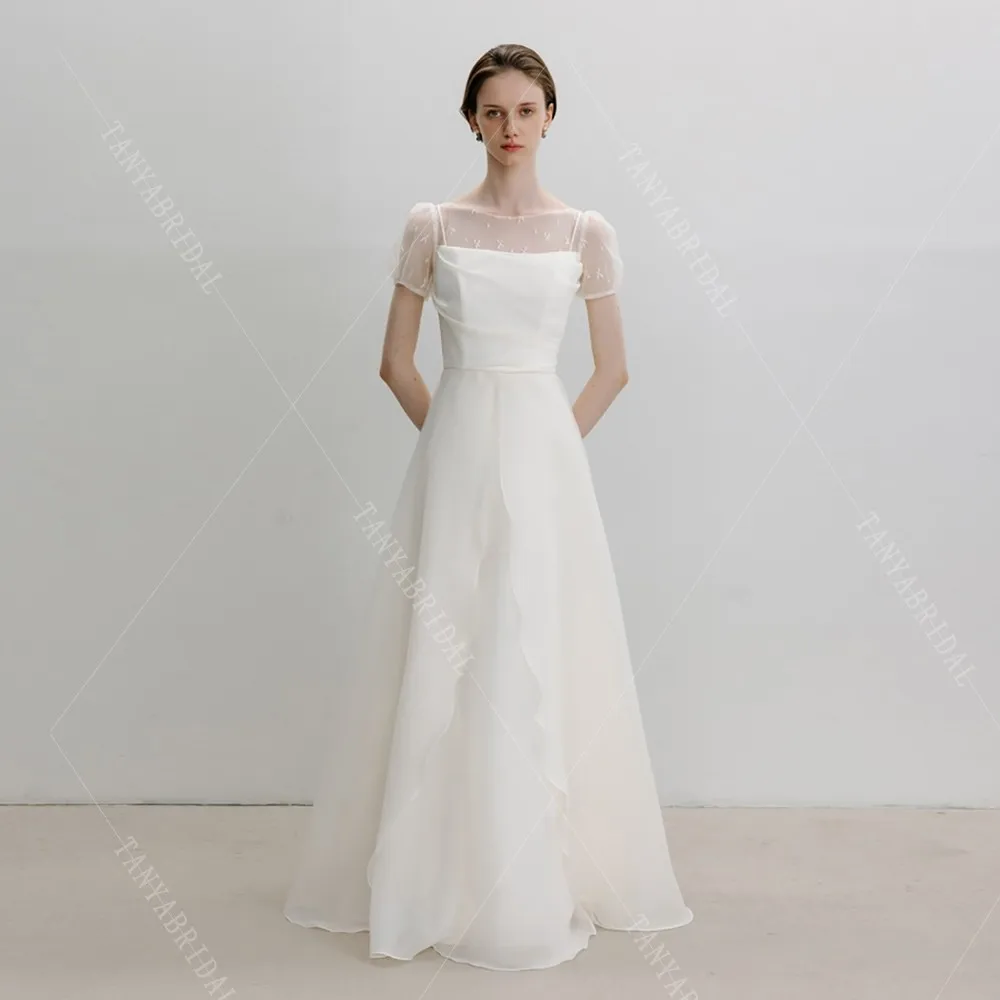 Dreamy Organza Satin Wedding Dress A Line Short Sleeves Lace Up Back Bridal Gown Floor Length Simple Bridal Party Dress G4916