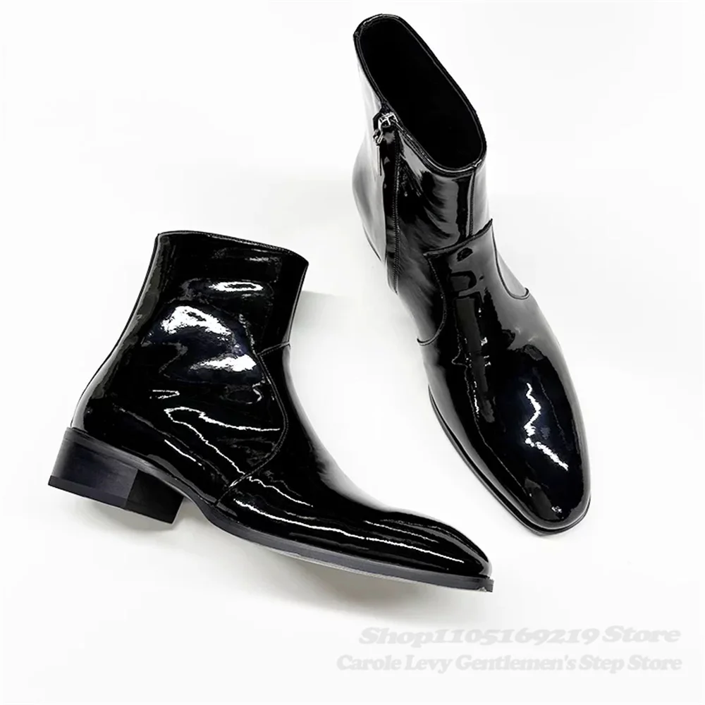 

Black Patent Leather Low Heel Ankle Boot Men Round Toe Side Zipper Casual Business Office Solid Color Handmade Short Boot