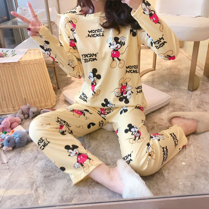 Pijamas a rayas de Mickey y Minnie para mujer, pantalones de manga larga, ropa de casa suelta de dibujos animados, traje nuevo, primavera y otoño