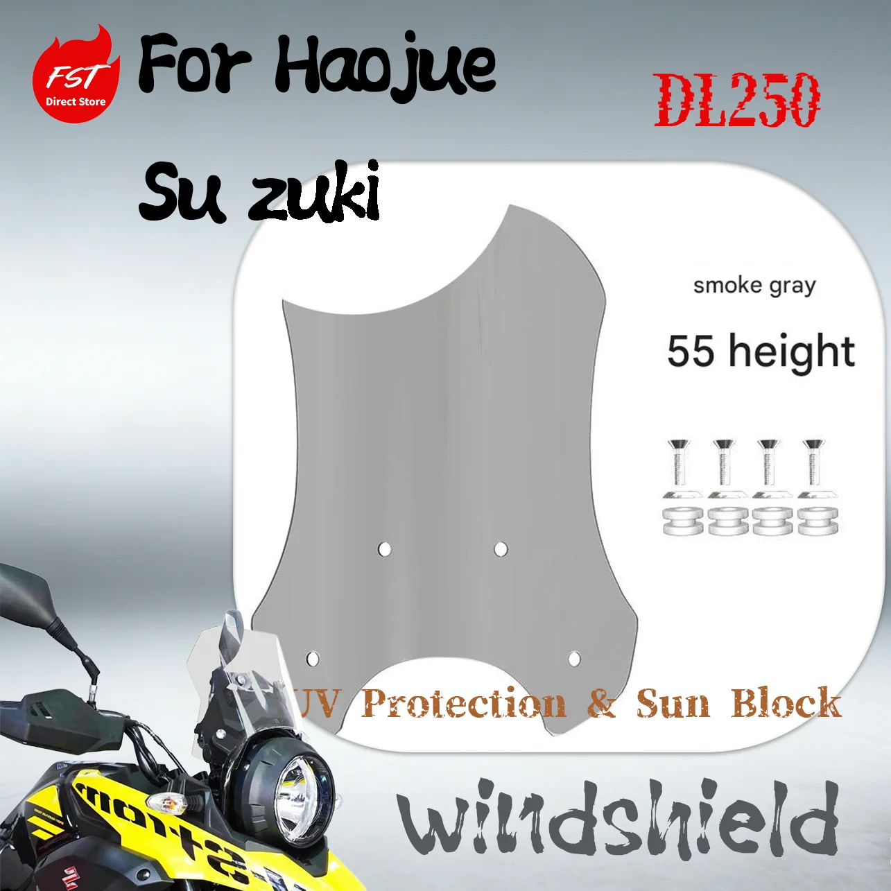 

Tall & Wide Straight Windshield for haojue Suzuki DL250, Thick PC Anti-Scratch, Chest Guard & Windproof Touring Accessory