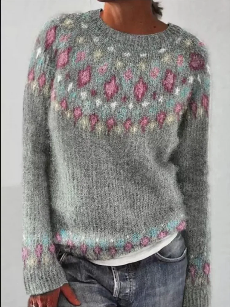 Nowy sweter damski z okrągłym dekoltem, w bloki kolorów, luźny, modny, jesienno-zimowy, elegancki, do pracy, z długim rękawem.