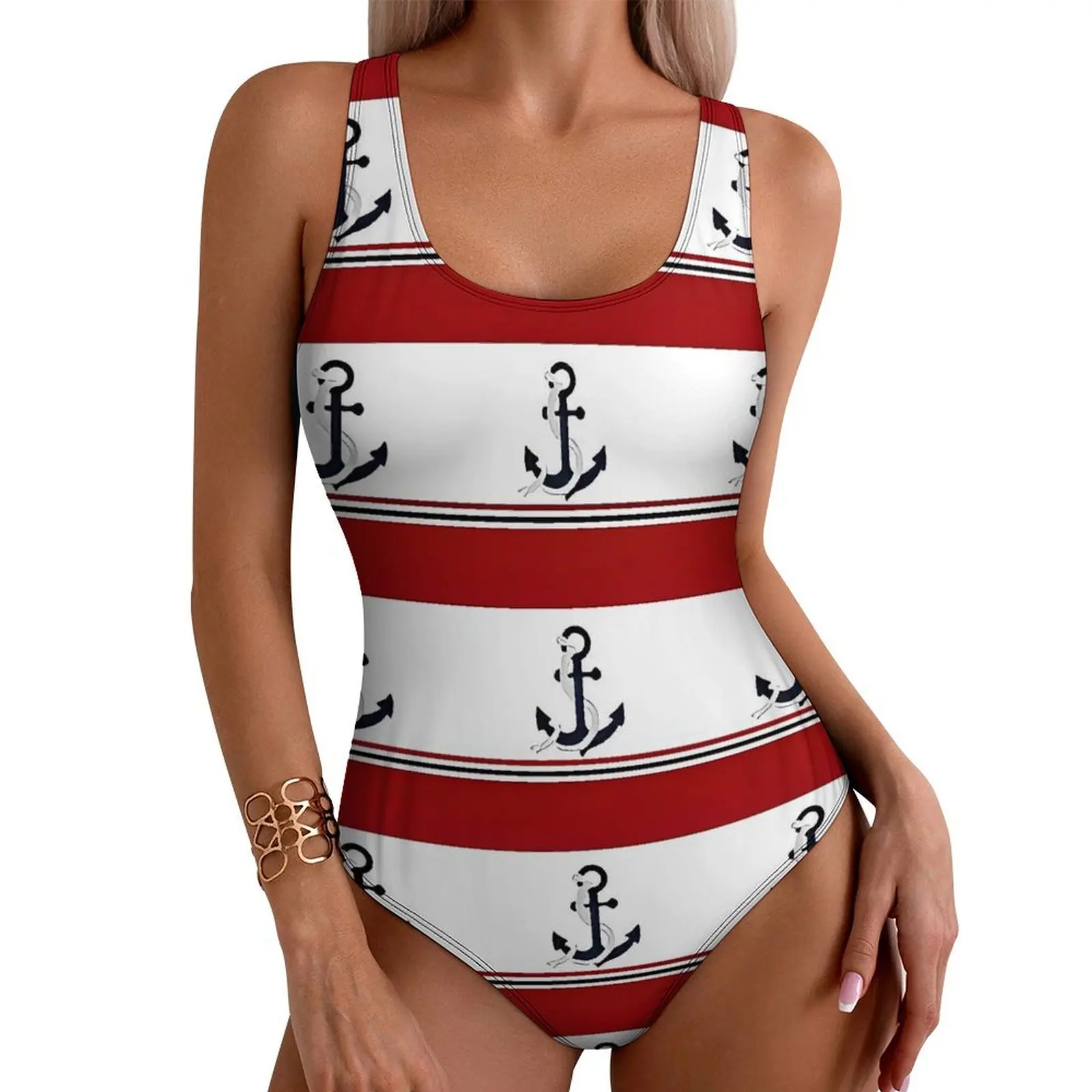 

Nautical Anchor Swimsuit Red Blue and White Stripes Push Up Swimwear One-Piece Surfing Monokini Bodysuit Sexy Graphic Beachwear