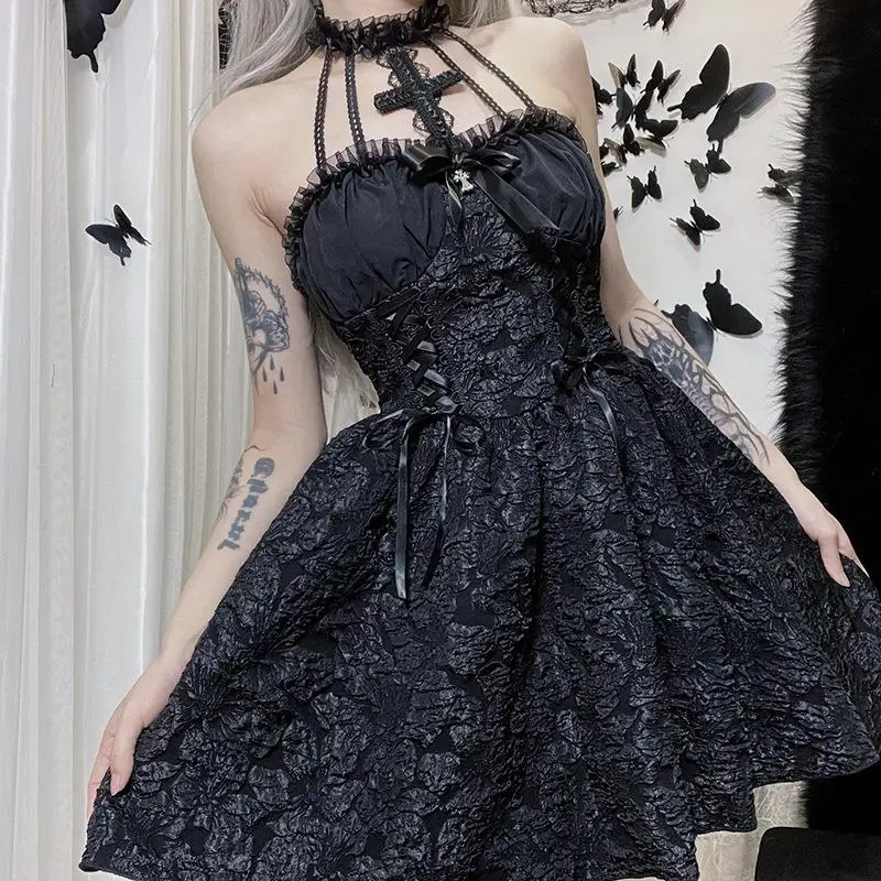 loween Cross Strap k Gothic Puffy Skirt Ne Hanging Dr High Waist Knitted Fabric Date Night ort Dr without Sve