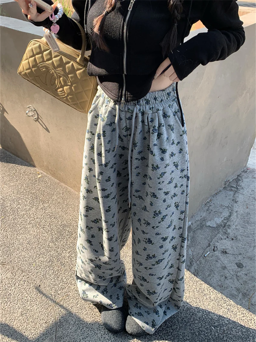 PLAMTEE Retro Florals Chic Pants Women Printed Spring New Daily Loose 2024 High Waist Gentle All Match Fashion Slim Plush