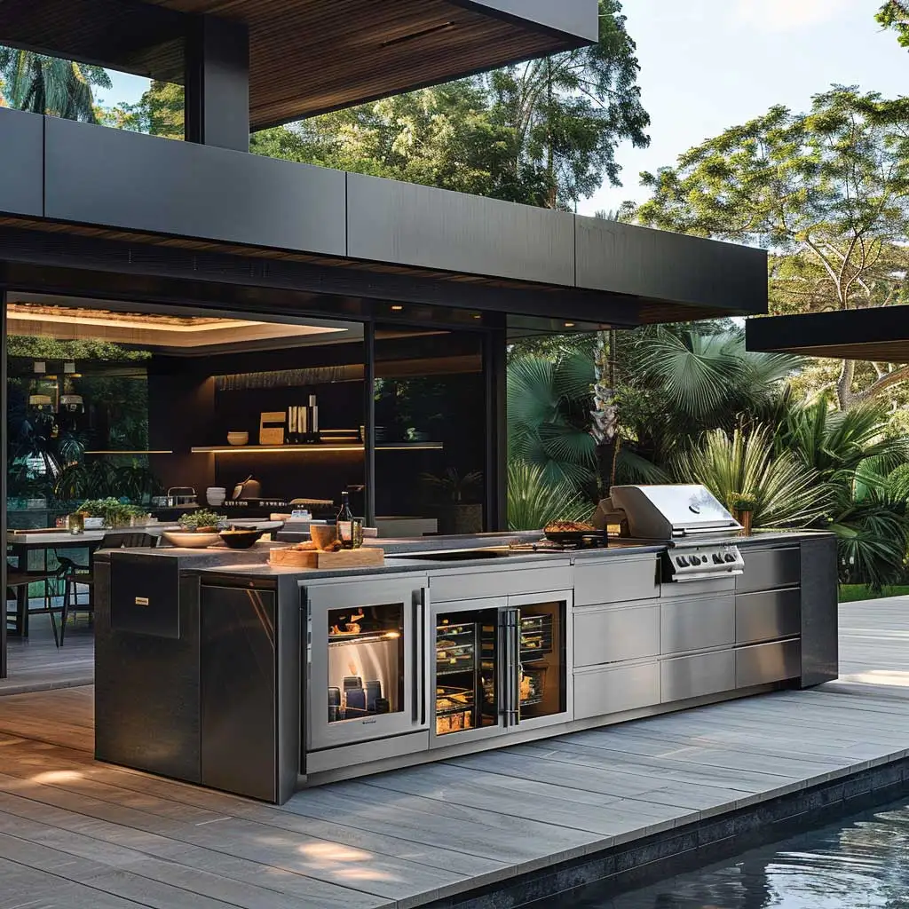Modern I-shaped Outdoor BBQ Kitchen Cabinet Set with Waterfall Stone