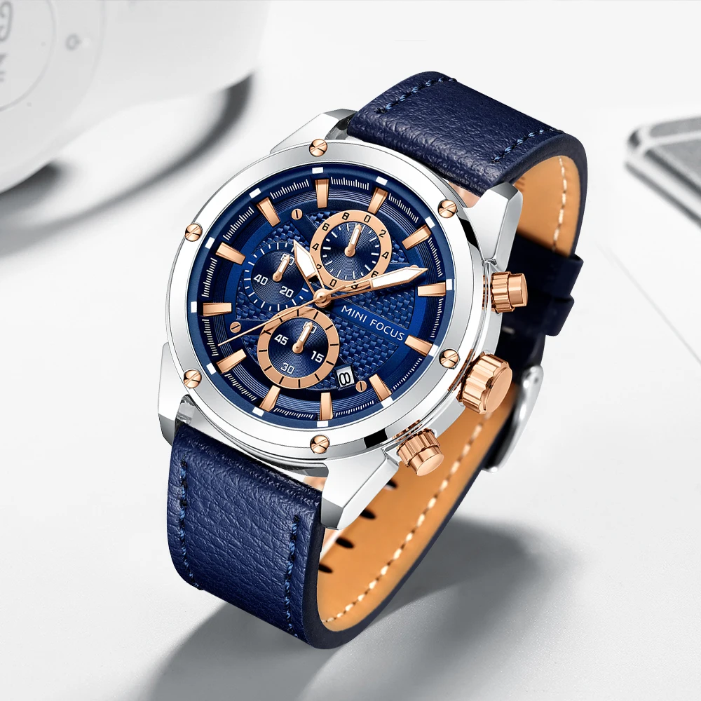 MINI FOCUS Business Quartz Watches for Man Waterproof Luminous Chronograph Wristwatch Leather Strap Clock reloj hombre 0161G