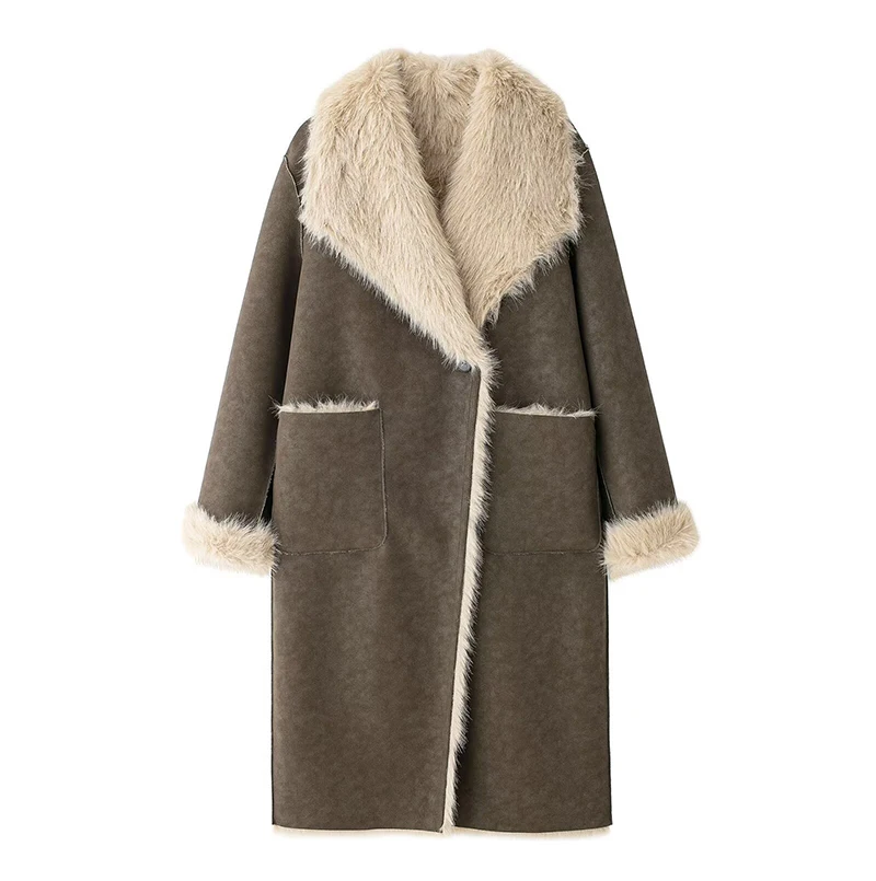 Winter Verdicken Kaschmir Doppelseitige Lange Lamm Pelzmantel Wildleder Schaffell Vintage Lose Lange Schnee Parka Für Weibliche Mantel