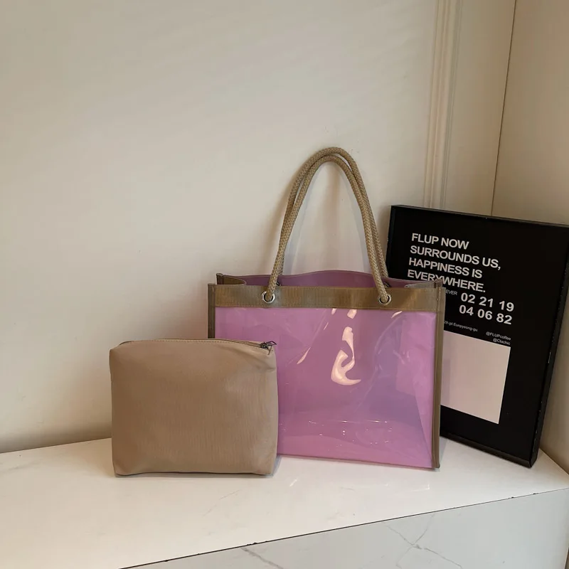 

2025 New Spacious Clear PVC Tote Bag Women Cosmetic Organizer Portable Shoulder Bag Multi-pocket Essentials Carrier