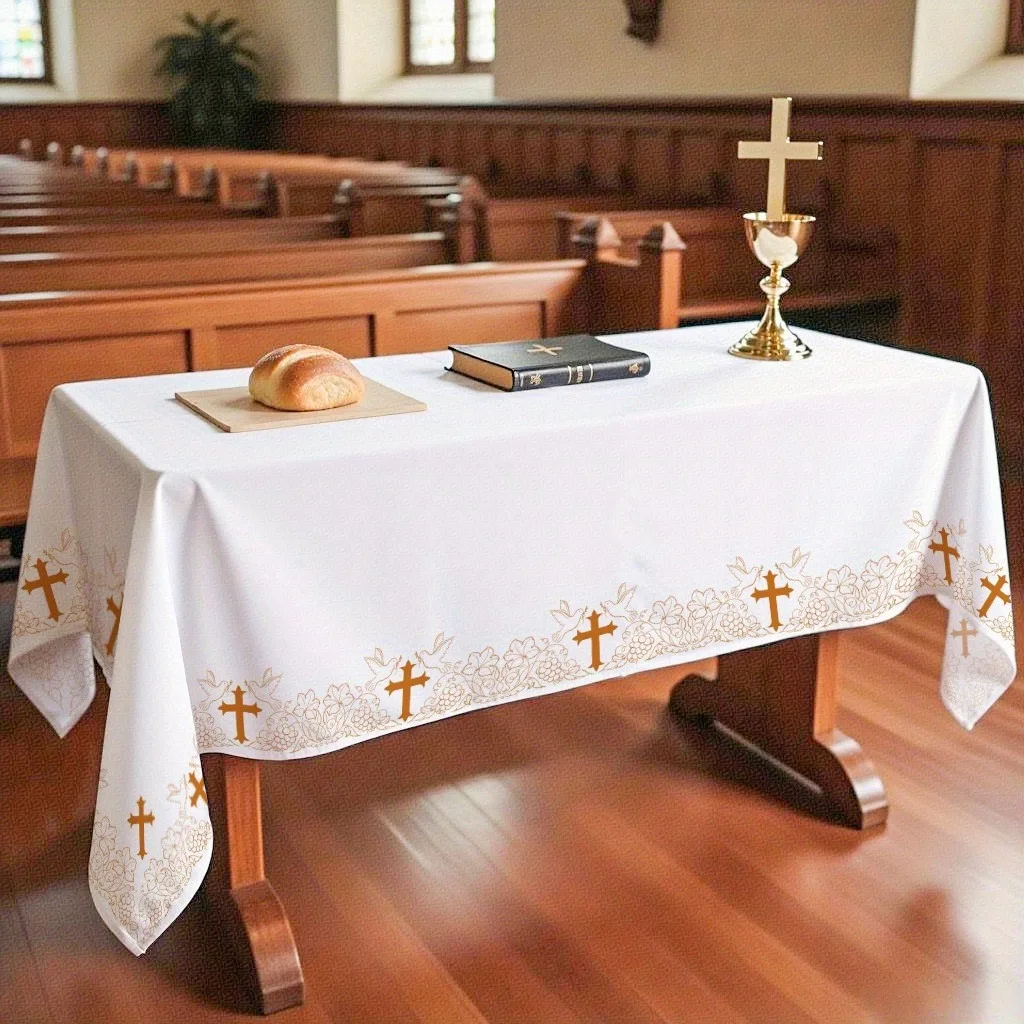 1pc Elegant White Rectangle Tablecloth with Golden Cross And Vine Print Perfect for First Communion Baptism Christmas And Easter