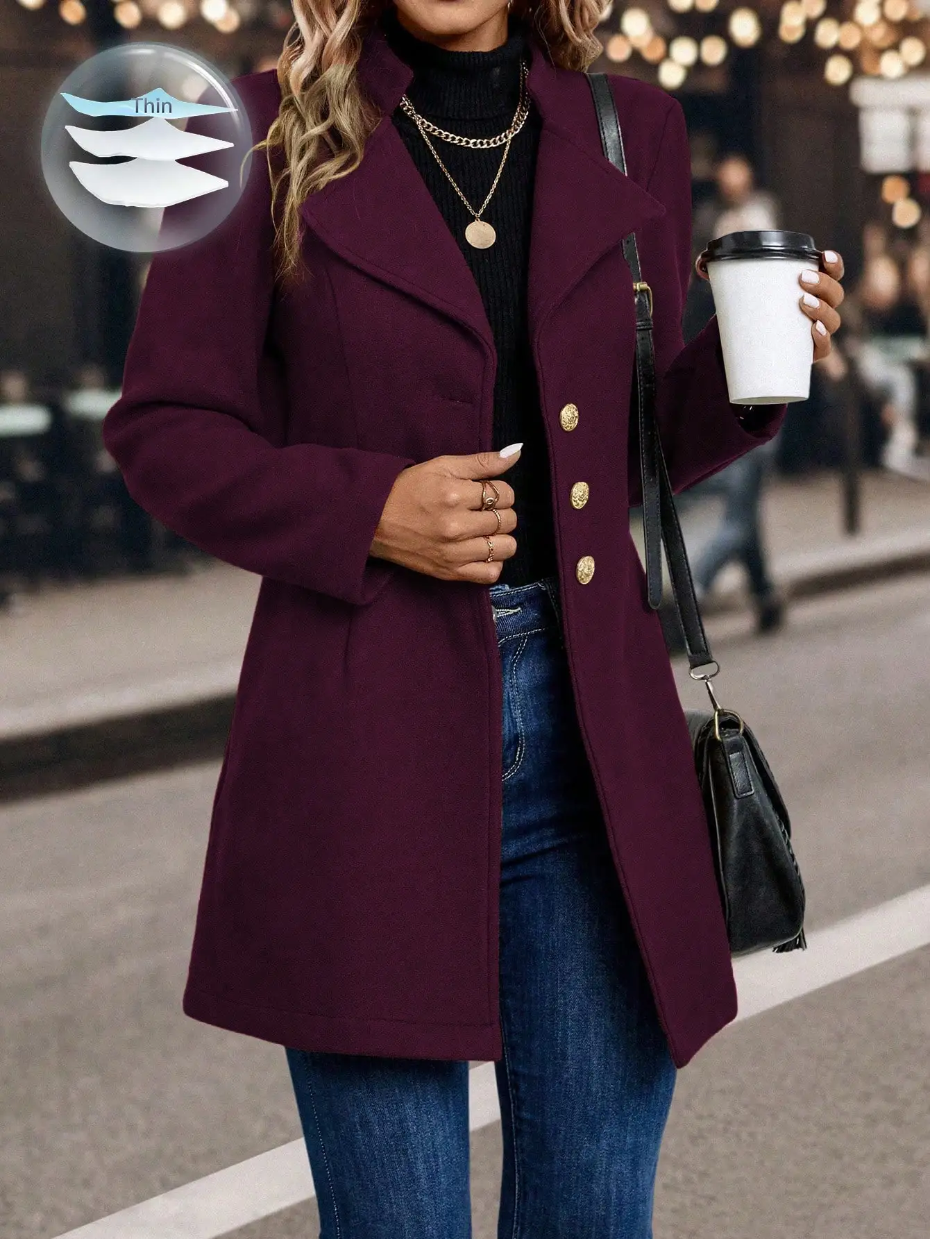 Damski burgundowy płaszcz jednorzędowy z długim krojem i złotymi guzikami, elegancka odzież wierzchnia na jesień i zimę.