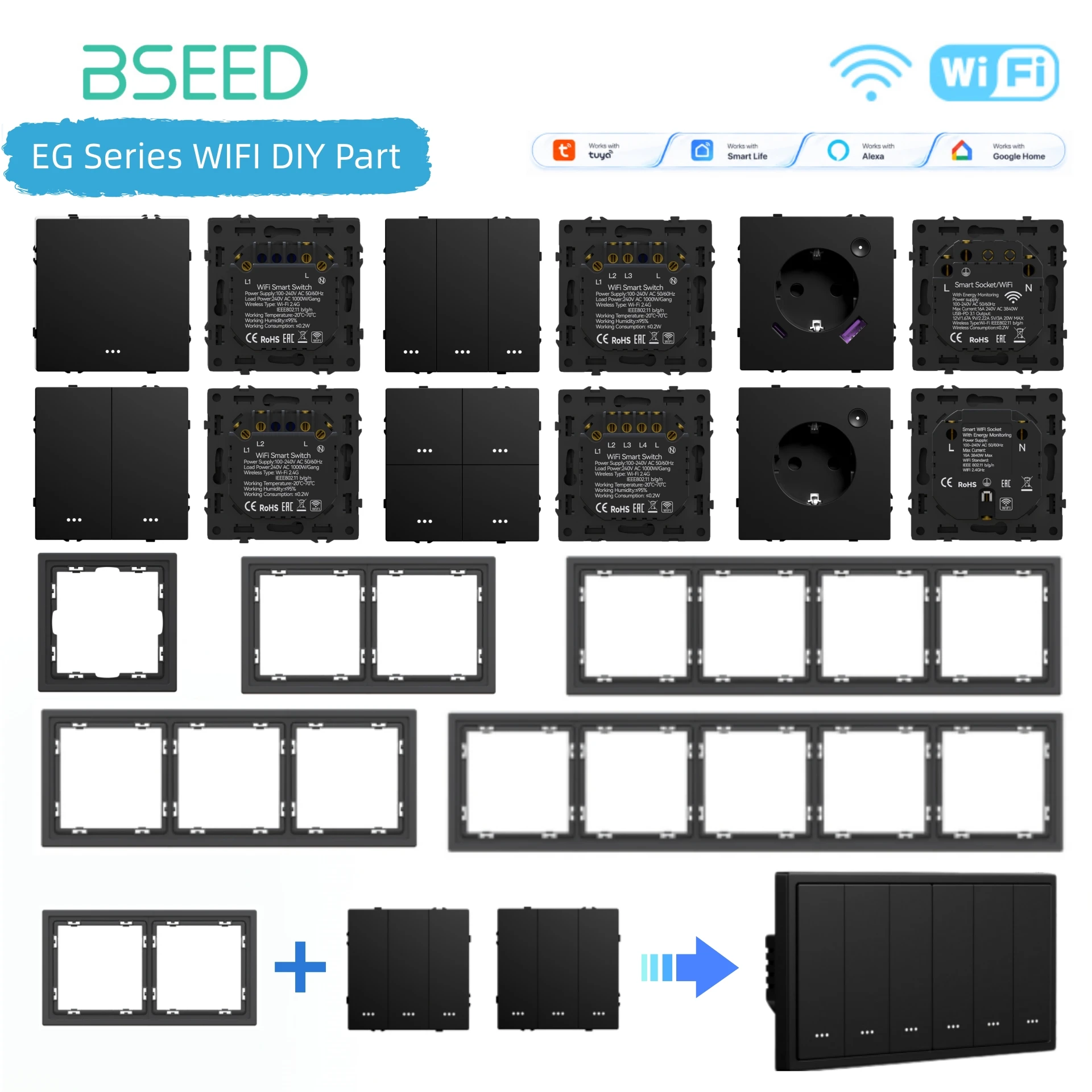 BSEED WIFI-Tastenschaltermodul 1/2/3/4-fach Smart-Lichtschalter DIY-Teil Kunststoffrahmen Smart-Steckdosenkomponenten Tuya Smart Life