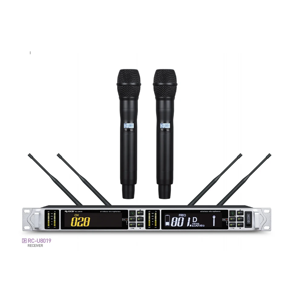 Microfono Audio vendita calda 2 canali microfono Wireless UHF microfono portatile per Karaoke e riunioni