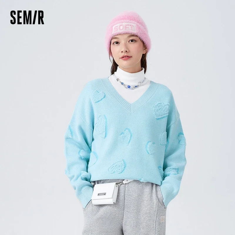 

Semir Sweater Women V-Neck Love Jacquard Loose Inner Wear Winter Gentle Sweet Off-Shoulder Sweater