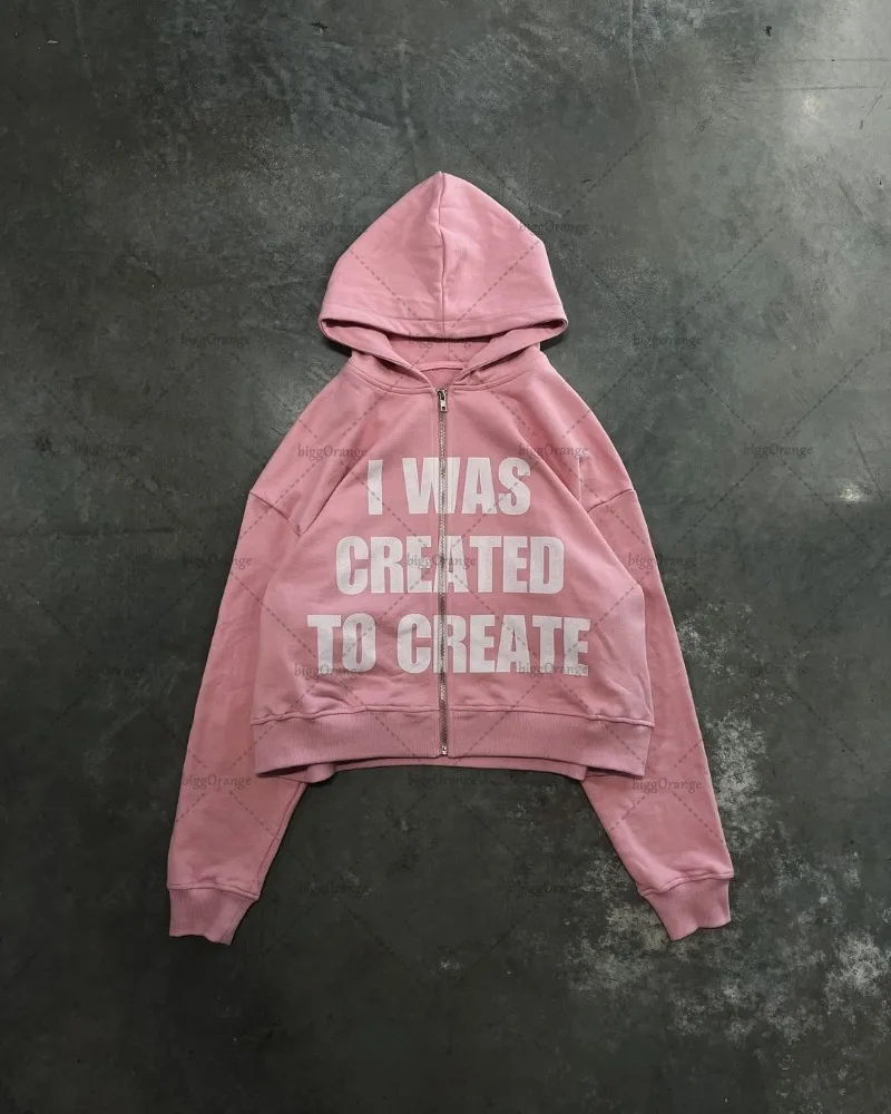 2024 Trendy Street Trend Brand Clothing Hip-hop Punk Style Letter Print Zipper Hoodie Men Pink Casual Retro Oversized Sweatshirt