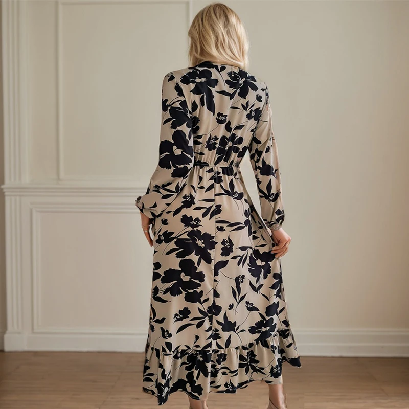 Fashion Printed Women's Dress Elegant V-Neck Flower Waist Long Sleeved Ruffle Edge Dress Vintage Cinched Mid Length Dresses