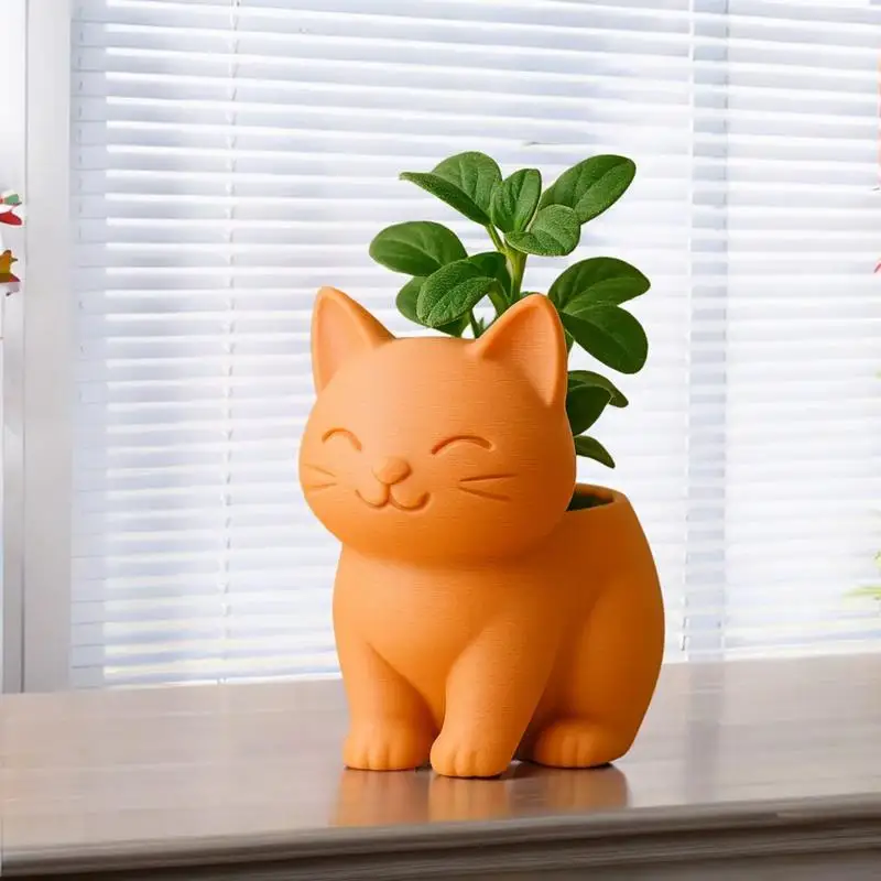 Cat Planter Cute Cat Flower Pot with Drainage Holes 3D Printed Small Plant Flowerpot Animal Home Decoration for Cactus Bonsai