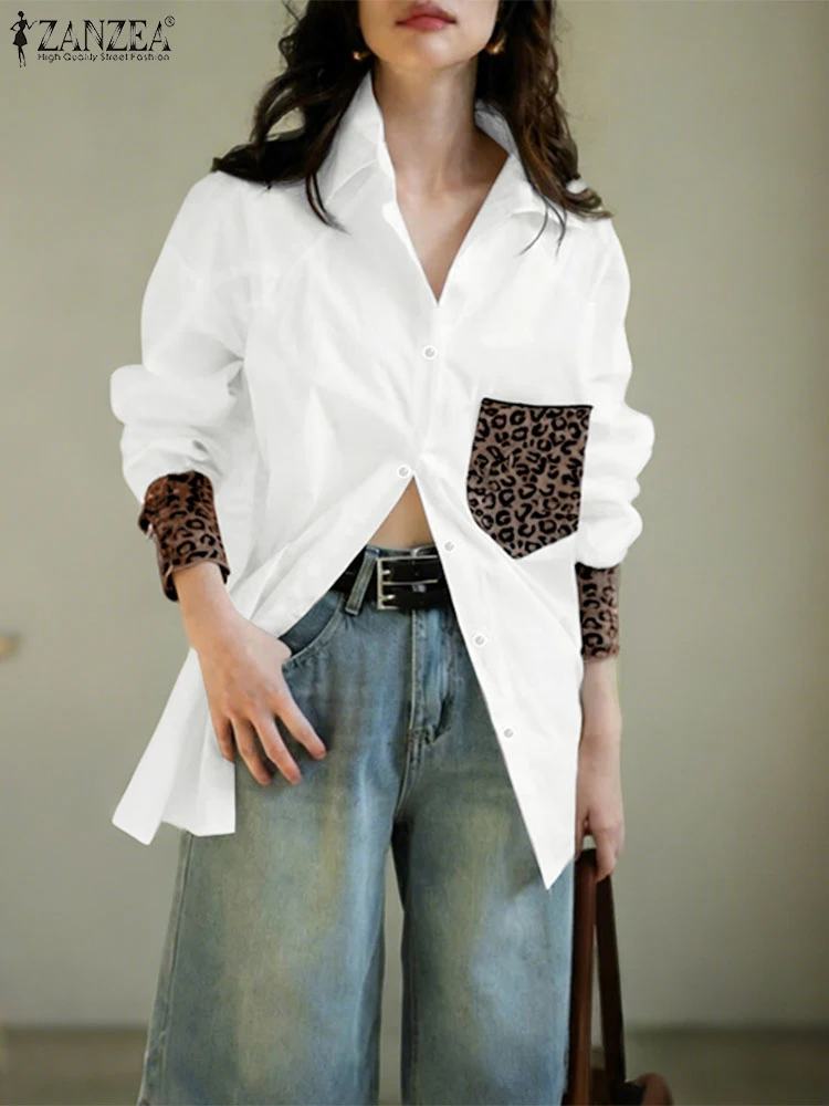 ZANZEA Women Shirts Fashion Patchwork Leopard Tops 2025 Vintage Long Sleeve Tunic Casual Loose Lapel Neck Elegant OL Work Blusas