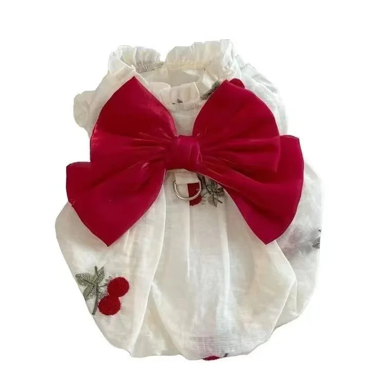 Pet Cherry Bow Yarn Dress Spring/Summer New Breathable Pumpkin Yarn Dress Teddy Dogs Cats Thin Sun Protection Clothes