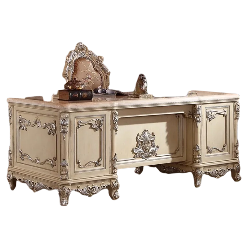 Solid wood carving flower marble surface writing table home desk, study combination