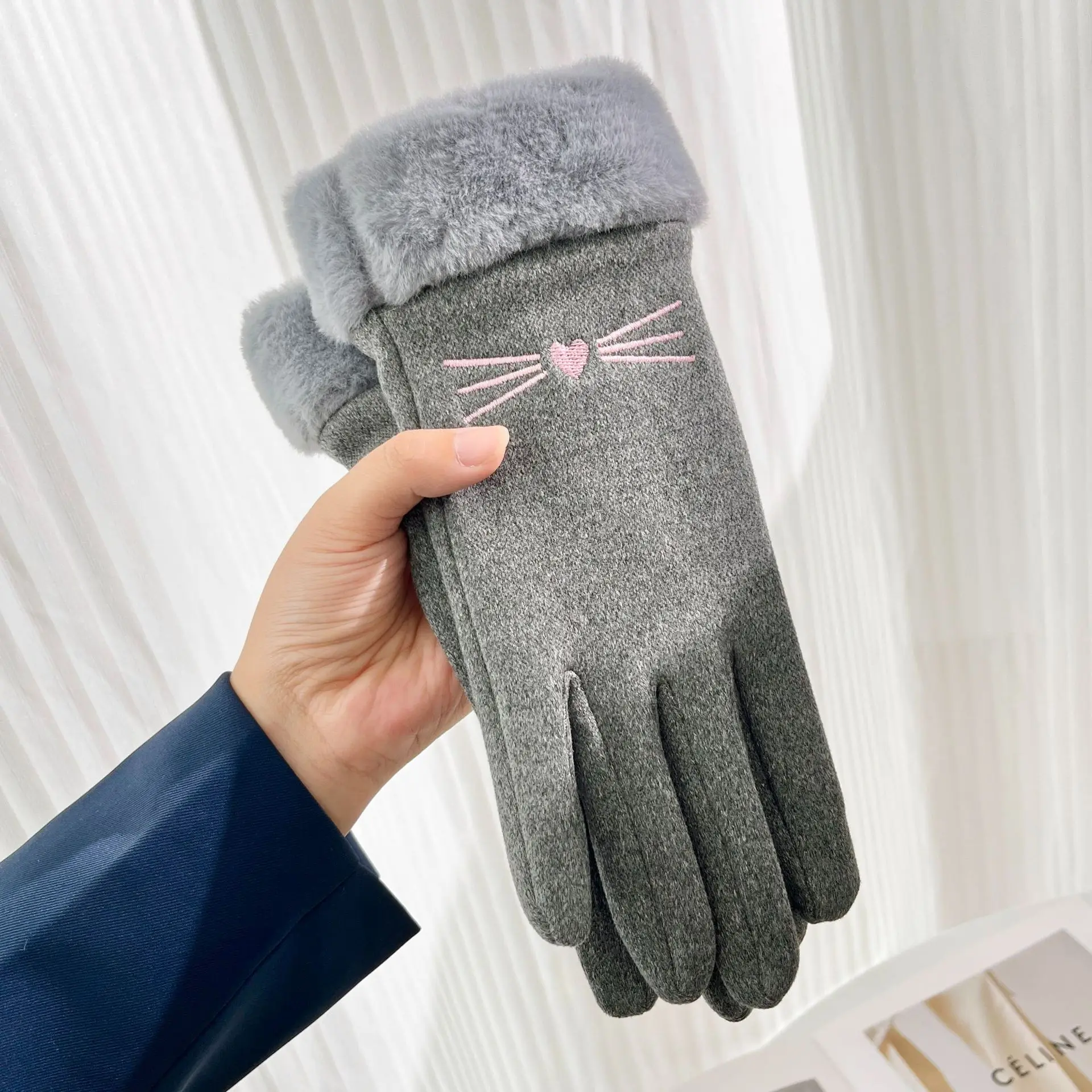 Gants d\'hiver en cachemire pour femmes, mitaines de cyclisme en cuir suédé chaud, optique féminine, velours peluche, gants de conduite à écran