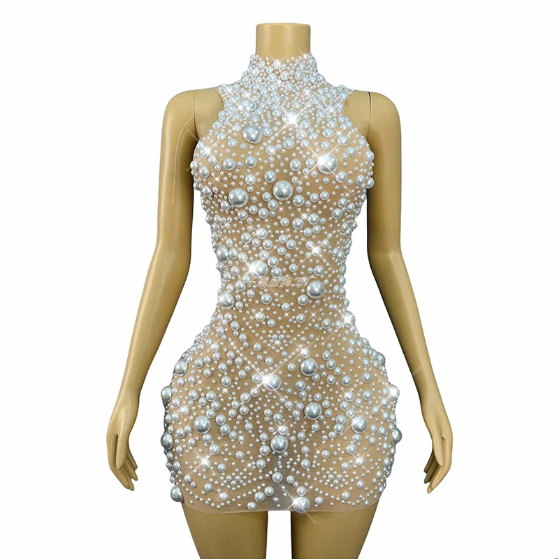 女性ステージ衣装エレガントなパールショートドレス誕生日パーティー衣装モデルショーパフォーマンス衣装セクシーなフェスティバル服 3709
