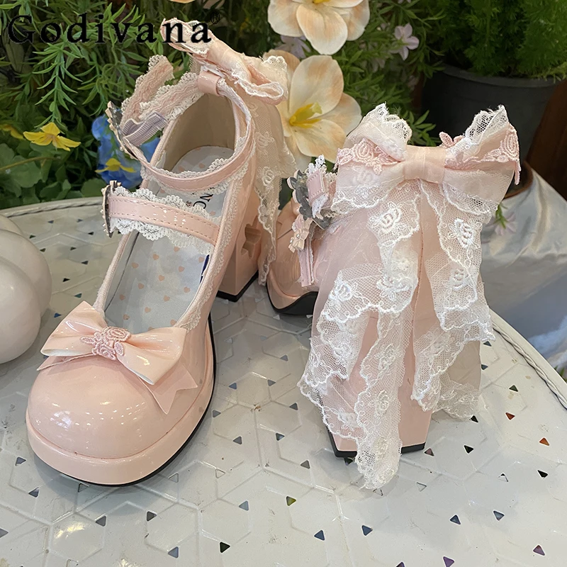 فراشة عقدة الدانتيل لوليتا حذاء بكعب مكتنز النساء سميكة وحيد عالية الكعب الحلو أحذية الفتيات حفلة كوميك كون جولة حذا فردي للسيدات