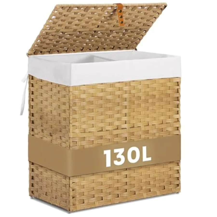 

Wicker Laundry Hamper with Lid, 34 Gal 130 L Rattan Laundry Basket 2 Sections with Lid, Removable Machine Washable Line, Large