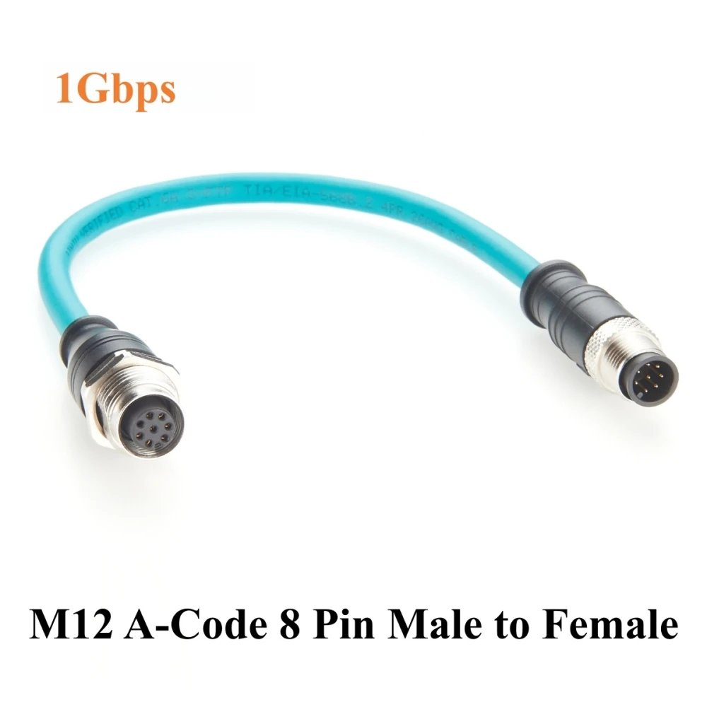M12 A Code 8Pin Male to Female Extension Cable Bulkhead Panel Mount IP67 Shielded 1Gbps CAT6A Industrial Ethernet Cable