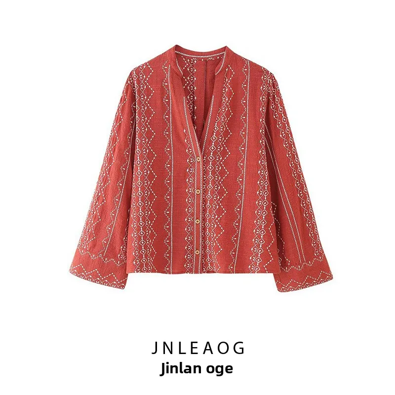 

JNLEAOG весенний новый женский модный дизайн с вышивкой irt повседневный свободный длинный свек из полиэфирного волокна с v-образным вырезом на пуговицах Crt