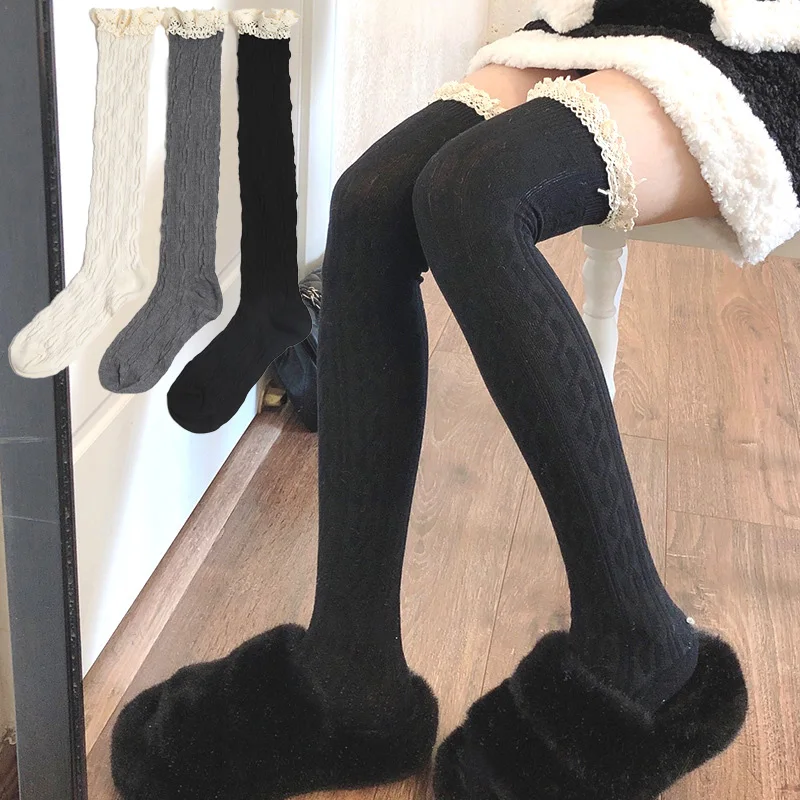 1 Pairs أسود أبيض رمادي الدانتيل فوق جوارب طويلة لوليتا لطيف الحلو العجل الجوارب النسائية منتصف الساق كاواي الفخذ العليا جوارب #1