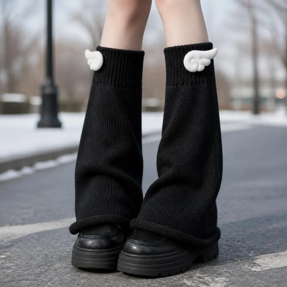 Knit Fabric Wing Decor Leg Warmers Wide Calf Fit Calf Sleeves Design Slouch Leg Covers Soft Knit Texture Flared Shape